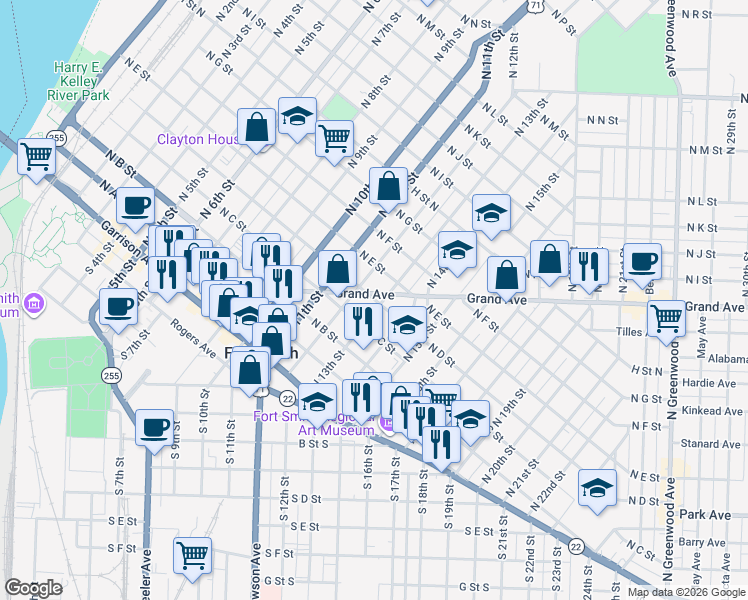 map of restaurants, bars, coffee shops, grocery stores, and more near 401 North 13th Street in Fort Smith