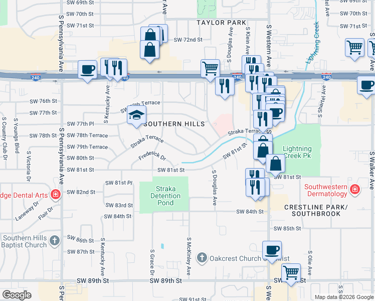 map of restaurants, bars, coffee shops, grocery stores, and more near 1209 Straka Terrace in Oklahoma City