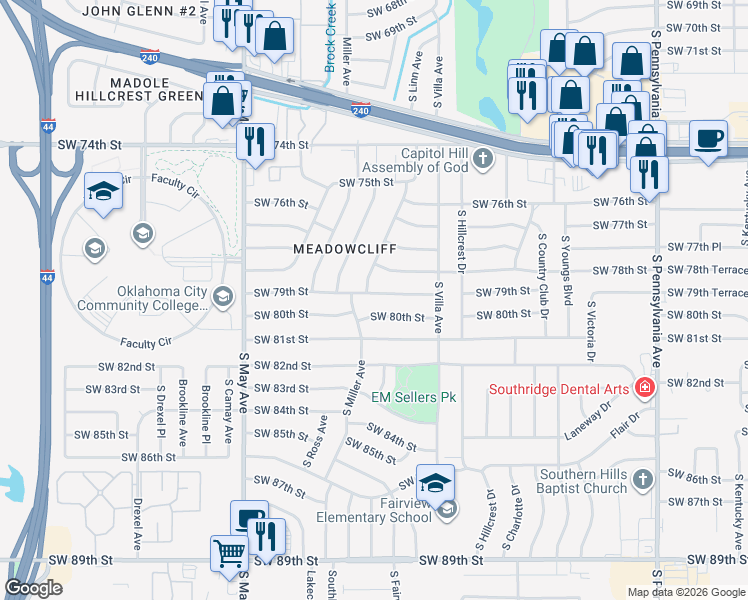 map of restaurants, bars, coffee shops, grocery stores, and more near 7912 South Linn Avenue in Oklahoma City