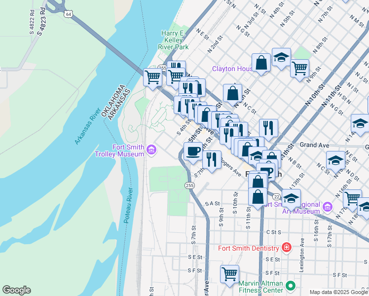 map of restaurants, bars, coffee shops, grocery stores, and more near Parker Avenue in Fort Smith