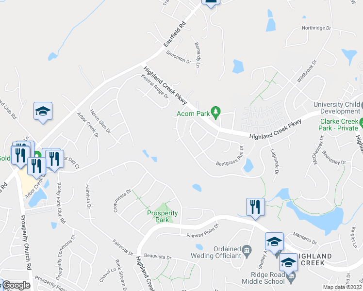 map of restaurants, bars, coffee shops, grocery stores, and more near 5765 Cambridge Bay Drive in Charlotte