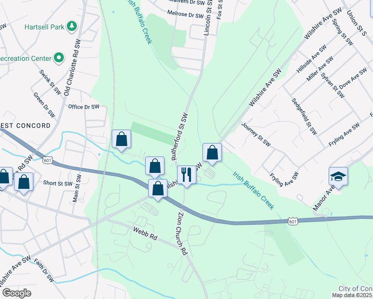 map of restaurants, bars, coffee shops, grocery stores, and more near 275 Brunting Lane Southwest in Concord