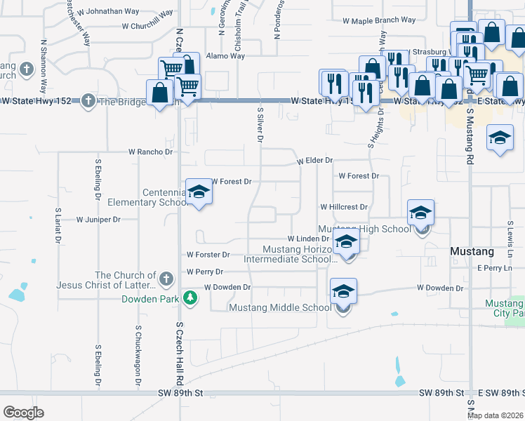 map of restaurants, bars, coffee shops, grocery stores, and more near 659 West Hillcrest Drive in Mustang