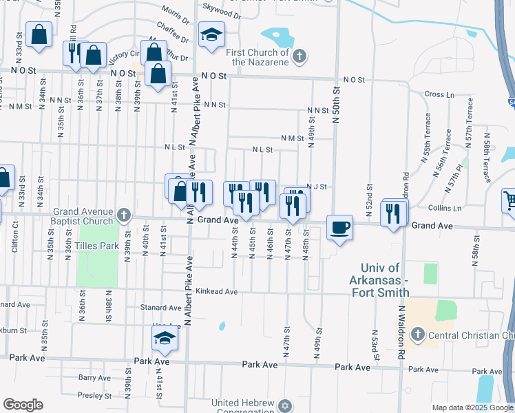 map of restaurants, bars, coffee shops, grocery stores, and more near 1103 North 46th Street in Fort Smith
