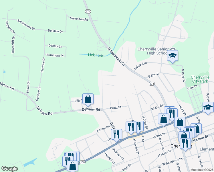 map of restaurants, bars, coffee shops, grocery stores, and more near 711 Hillsdale Drive in Cherryville