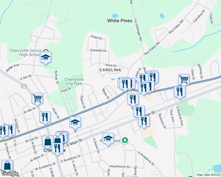 map of restaurants, bars, coffee shops, grocery stores, and more near 315 Brown Street in Cherryville