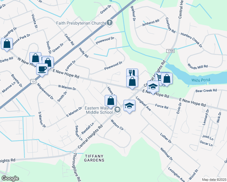 map of restaurants, bars, coffee shops, grocery stores, and more near 114 Hines Drive in Goldsboro