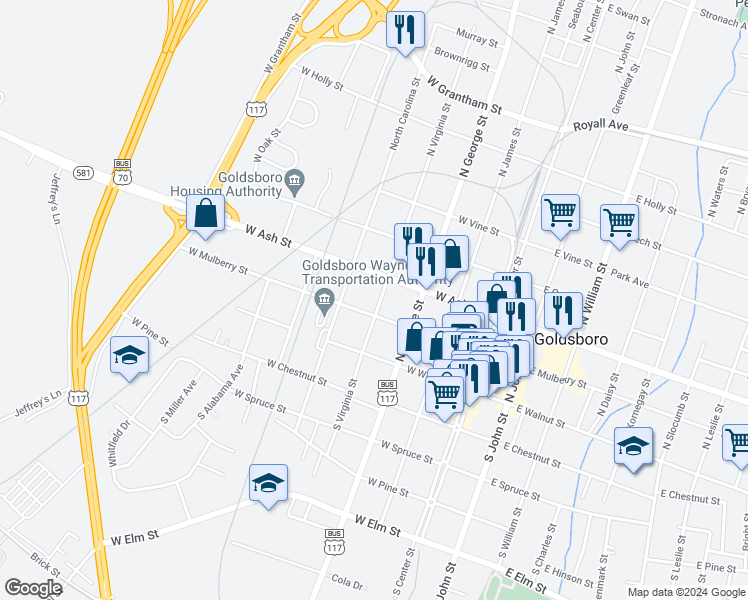 map of restaurants, bars, coffee shops, grocery stores, and more near 205 North Virginia Street in Goldsboro