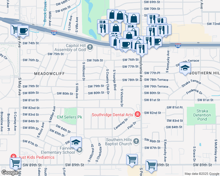 map of restaurants, bars, coffee shops, grocery stores, and more near 8000 South Country Club Drive in Oklahoma City