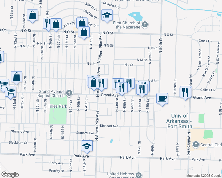 map of restaurants, bars, coffee shops, grocery stores, and more near 1100 North 44th Street in Fort Smith