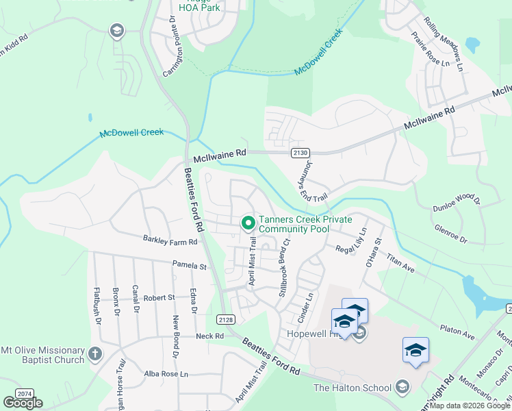 map of restaurants, bars, coffee shops, grocery stores, and more near 7516 April Mist Trail in Huntersville