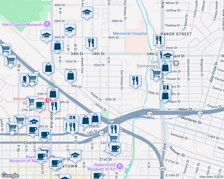 map of restaurants, bars, coffee shops, grocery stores, and more near 719 30th Street in Bakersfield