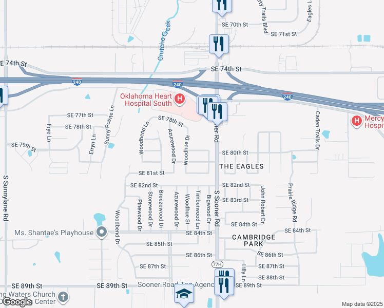 map of restaurants, bars, coffee shops, grocery stores, and more near 5500 Southeast 80th Street in Oklahoma City
