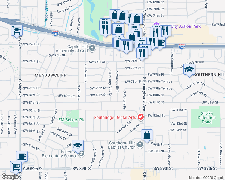 map of restaurants, bars, coffee shops, grocery stores, and more near 8000 South Country Club Drive in Oklahoma City