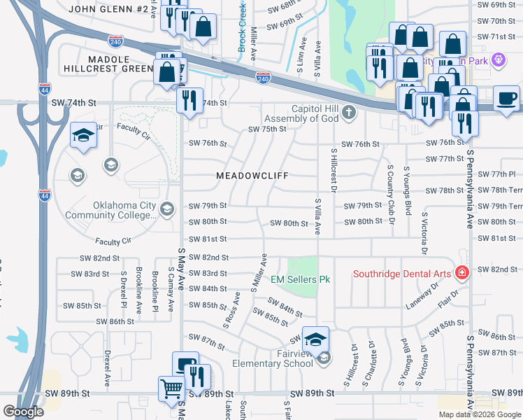 map of restaurants, bars, coffee shops, grocery stores, and more near 7912 South Linn Avenue in Oklahoma City
