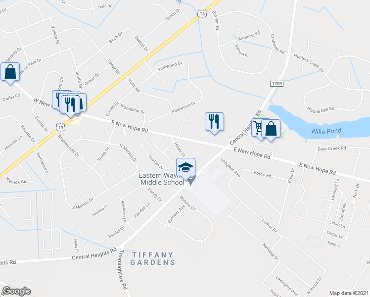 map of restaurants, bars, coffee shops, grocery stores, and more near 114 Hines Drive in Goldsboro