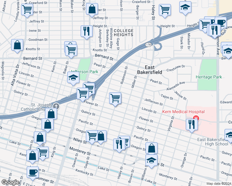 map of restaurants, bars, coffee shops, grocery stores, and more near 1131 Jefferson Street in Bakersfield