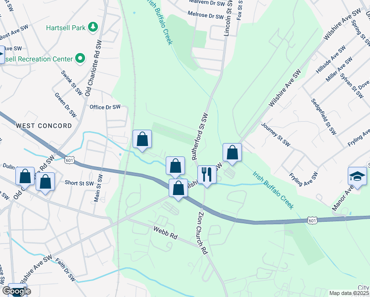 map of restaurants, bars, coffee shops, grocery stores, and more near 436 Rutherford Street Southwest in Concord