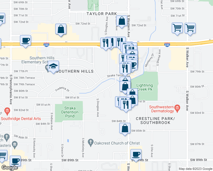 map of restaurants, bars, coffee shops, grocery stores, and more near 1031 Southwest 81st Street in Oklahoma City