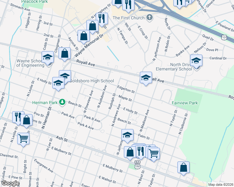 map of restaurants, bars, coffee shops, grocery stores, and more near 1315 E Maple St in Goldsboro