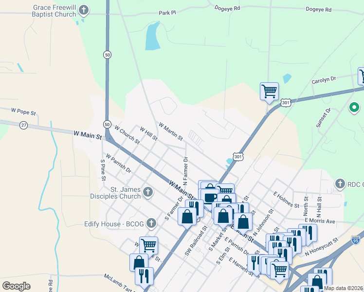 map of restaurants, bars, coffee shops, grocery stores, and more near 312 North Farmer Drive in Benson