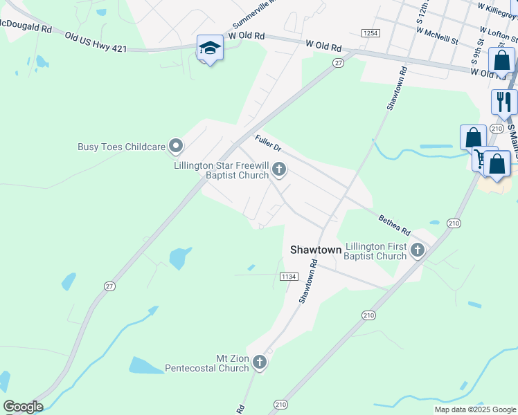 map of restaurants, bars, coffee shops, grocery stores, and more near Holy Mission Lane in Lillington