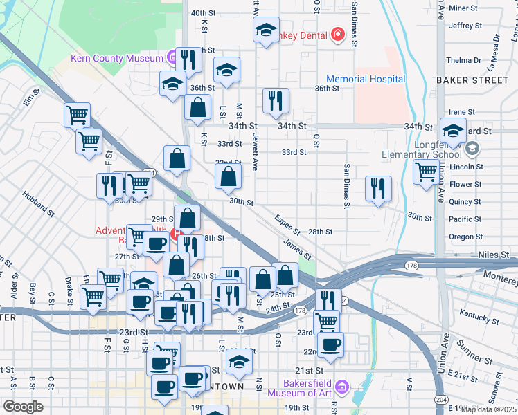map of restaurants, bars, coffee shops, grocery stores, and more near 1025 30th Street in Bakersfield