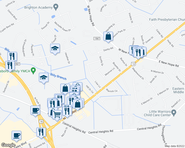 map of restaurants, bars, coffee shops, grocery stores, and more near 1500 Scotty Drive in Goldsboro