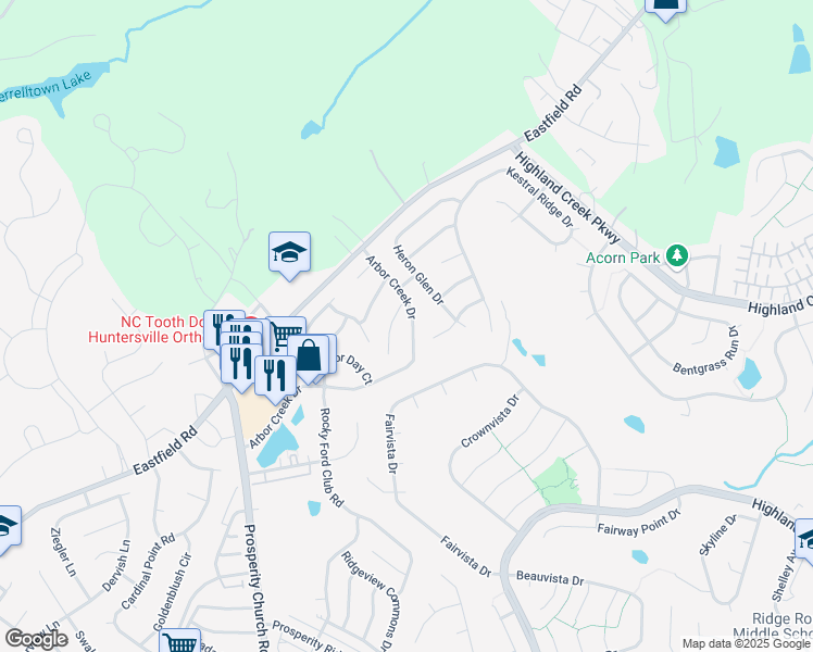 map of restaurants, bars, coffee shops, grocery stores, and more near 9201 Arbor Creek Dr in Charlotte