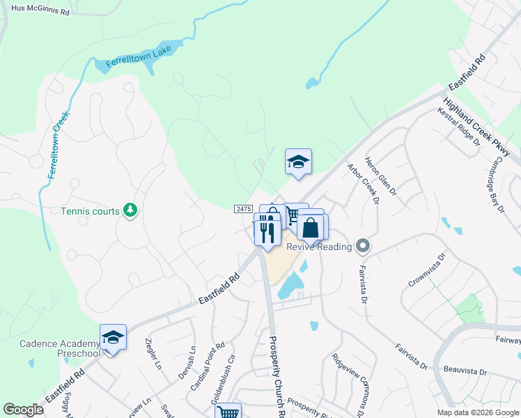 map of restaurants, bars, coffee shops, grocery stores, and more near 6930 Prosperity Church Road in Huntersville