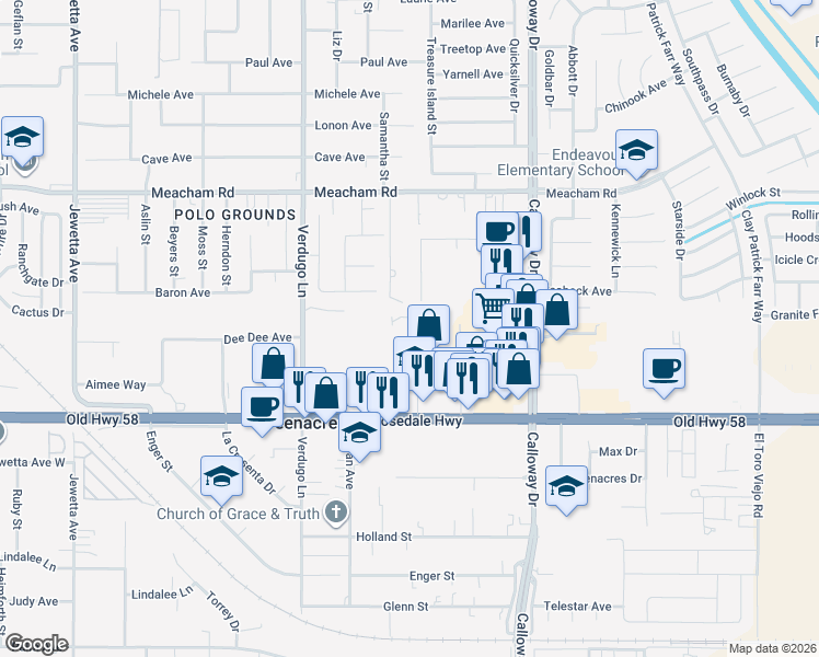 map of restaurants, bars, coffee shops, grocery stores, and more near 2925 Mosasco Street in Bakersfield