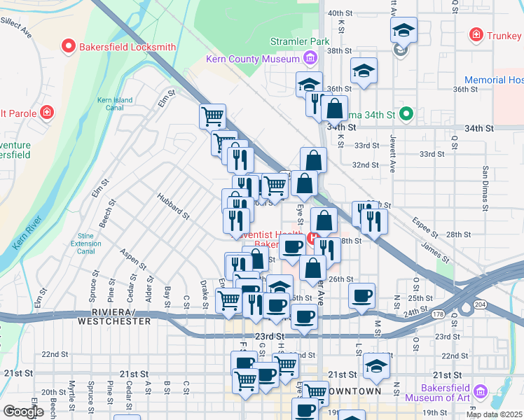 map of restaurants, bars, coffee shops, grocery stores, and more near 1711 30th Street in Bakersfield