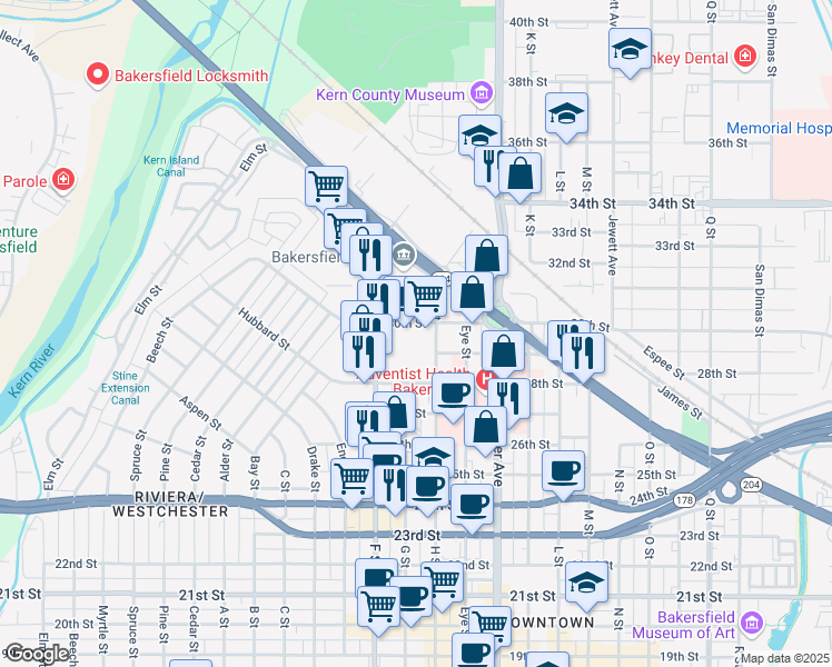 map of restaurants, bars, coffee shops, grocery stores, and more near 1711 30th Street in Bakersfield