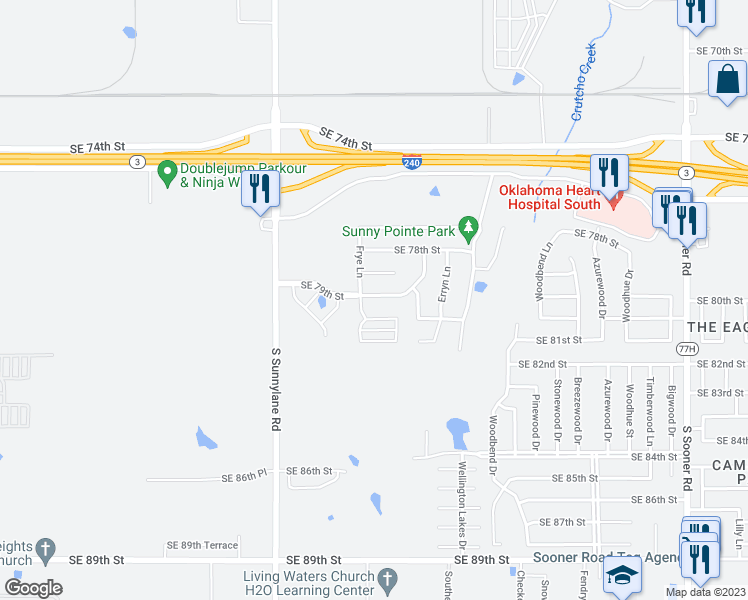 map of restaurants, bars, coffee shops, grocery stores, and more near 4508 Southeast 79th Street in Oklahoma City