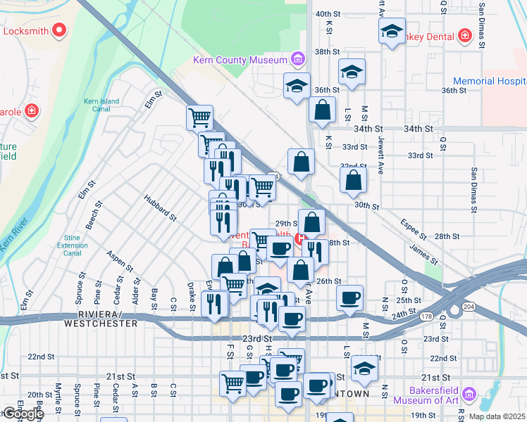 map of restaurants, bars, coffee shops, grocery stores, and more near 1711 30th Street in Bakersfield