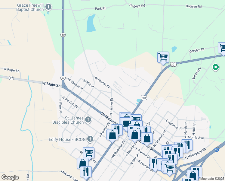 map of restaurants, bars, coffee shops, grocery stores, and more near 312 North Farmer Drive in Benson