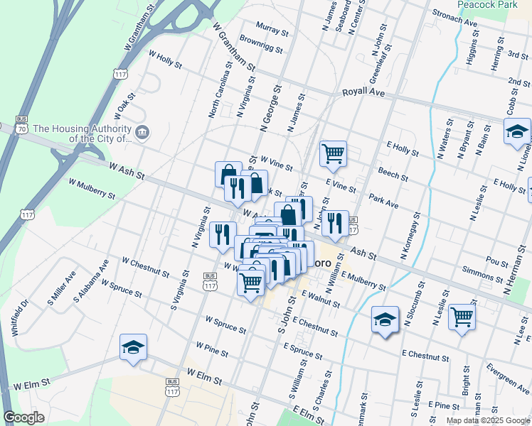 map of restaurants, bars, coffee shops, grocery stores, and more near 111 West Ash Street in Goldsboro
