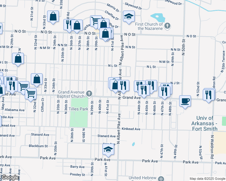 map of restaurants, bars, coffee shops, grocery stores, and more near 1023 North Albert Pike Avenue in Fort Smith