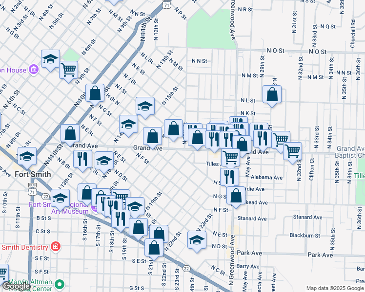 map of restaurants, bars, coffee shops, grocery stores, and more near 1705 Grand Avenue in Fort Smith