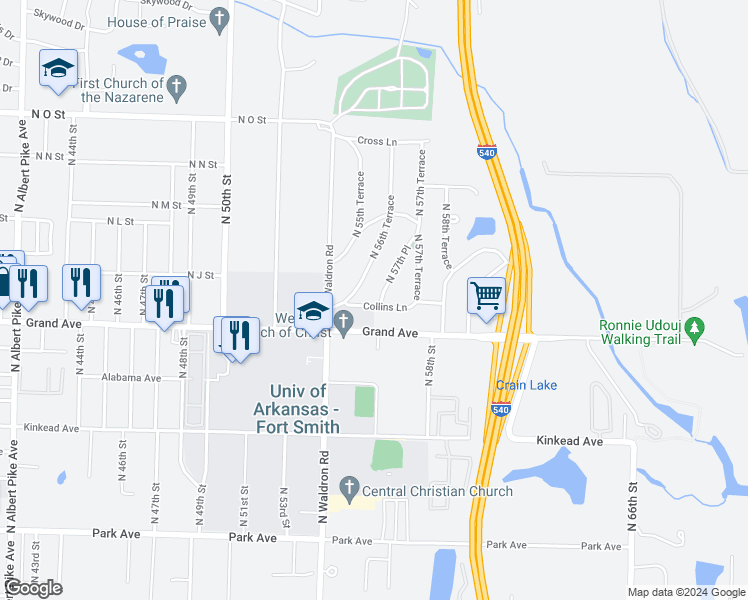 map of restaurants, bars, coffee shops, grocery stores, and more near 1115 North 57th Place in Fort Smith
