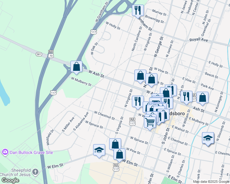 map of restaurants, bars, coffee shops, grocery stores, and more near 503 West Mulberry Street in Goldsboro