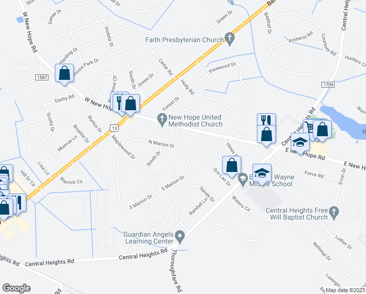 map of restaurants, bars, coffee shops, grocery stores, and more near 210 North Marion Drive in Goldsboro