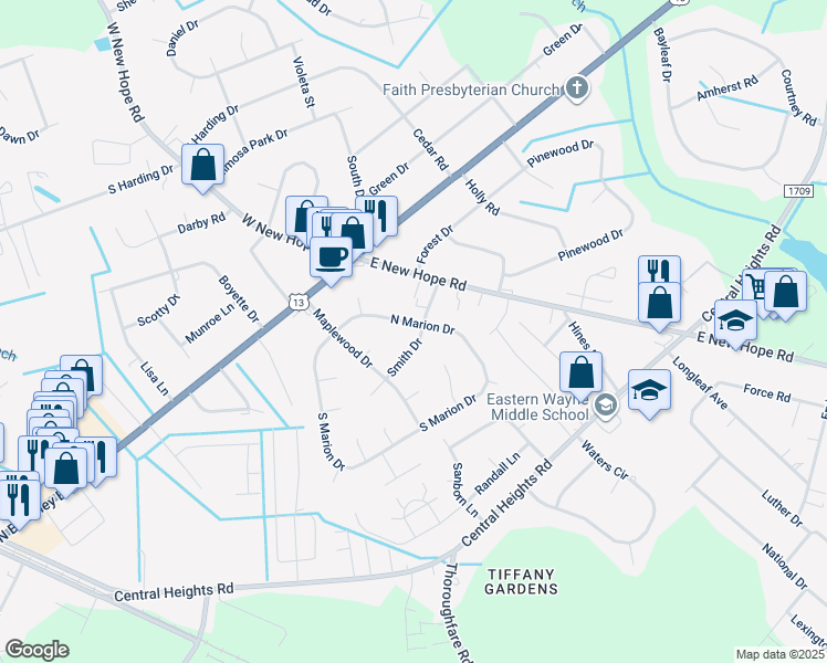 map of restaurants, bars, coffee shops, grocery stores, and more near 117 North Marion Drive in Goldsboro