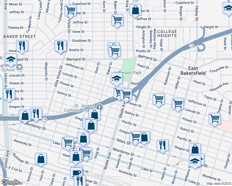 map of restaurants, bars, coffee shops, grocery stores, and more near 1715 King Street in Bakersfield
