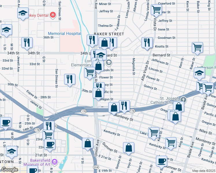 map of restaurants, bars, coffee shops, grocery stores, and more near 27 Quincy Street in Bakersfield