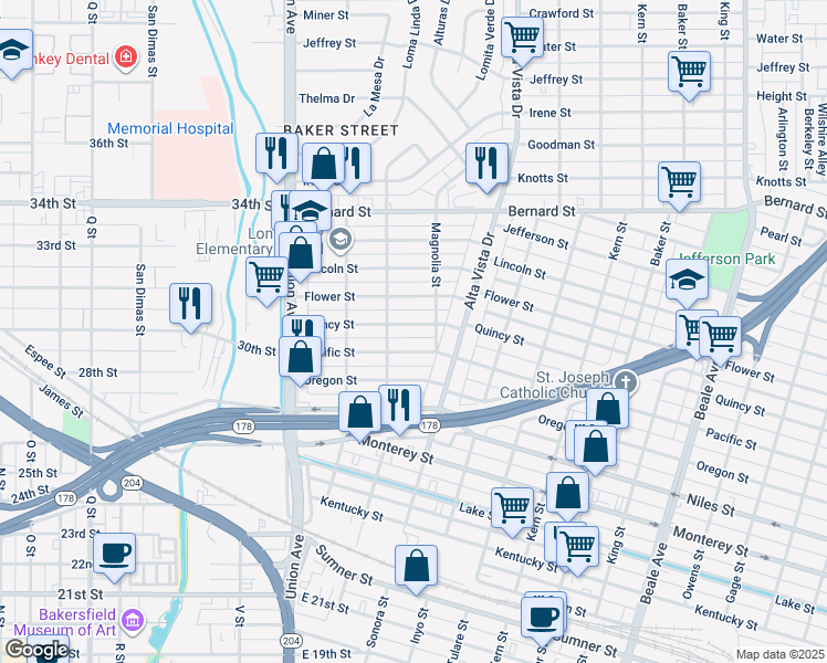 map of restaurants, bars, coffee shops, grocery stores, and more near 221 Quincy Street in Bakersfield