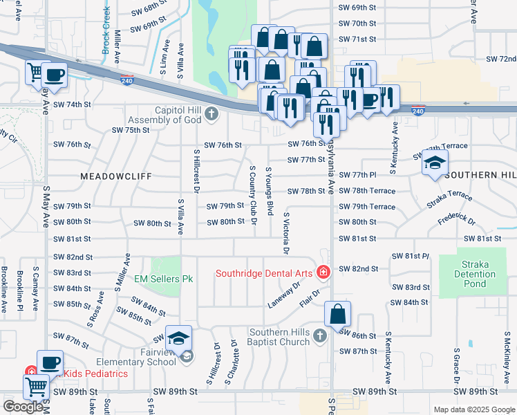 map of restaurants, bars, coffee shops, grocery stores, and more near 8000 South Country Club Drive in Oklahoma City