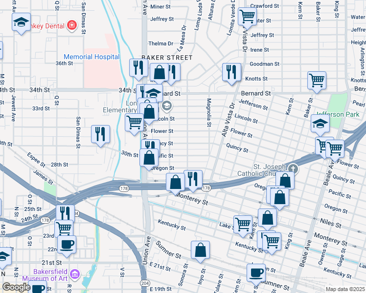 map of restaurants, bars, coffee shops, grocery stores, and more near 127 Quincy Street in Bakersfield