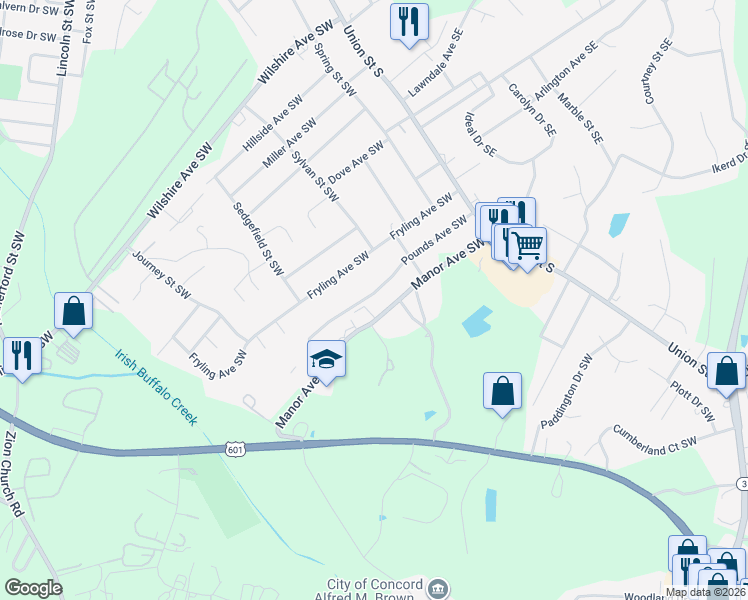 map of restaurants, bars, coffee shops, grocery stores, and more near 167 Pounds Avenue Southwest in Concord