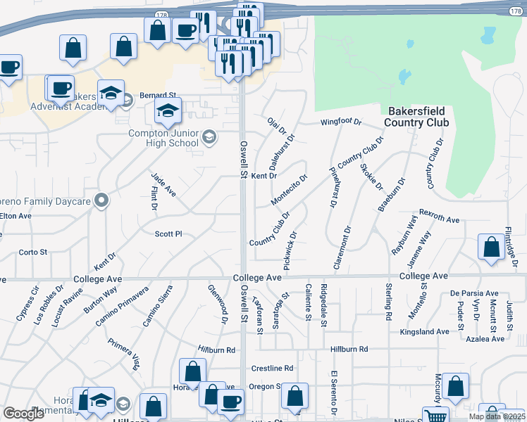 map of restaurants, bars, coffee shops, grocery stores, and more near 5109 Montecito Drive in Bakersfield